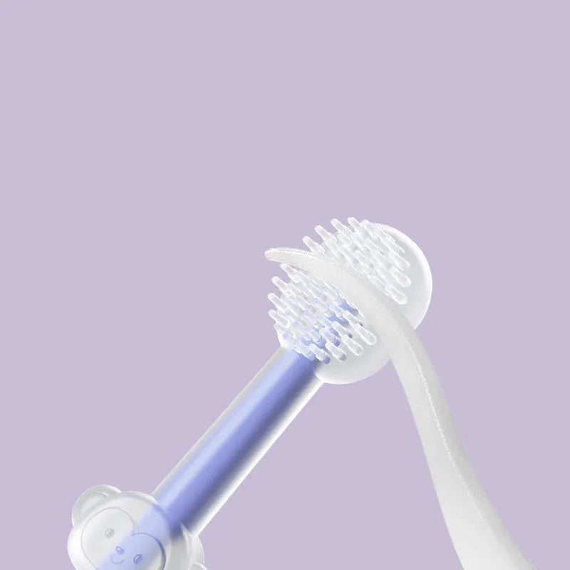 Purple silicone pet toothbrush with dual-ended design showing traditional brush head and finger brush