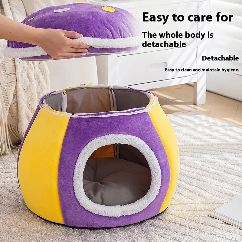 Mushroom-shaped plush cat bed in purple, pink, or grey colours