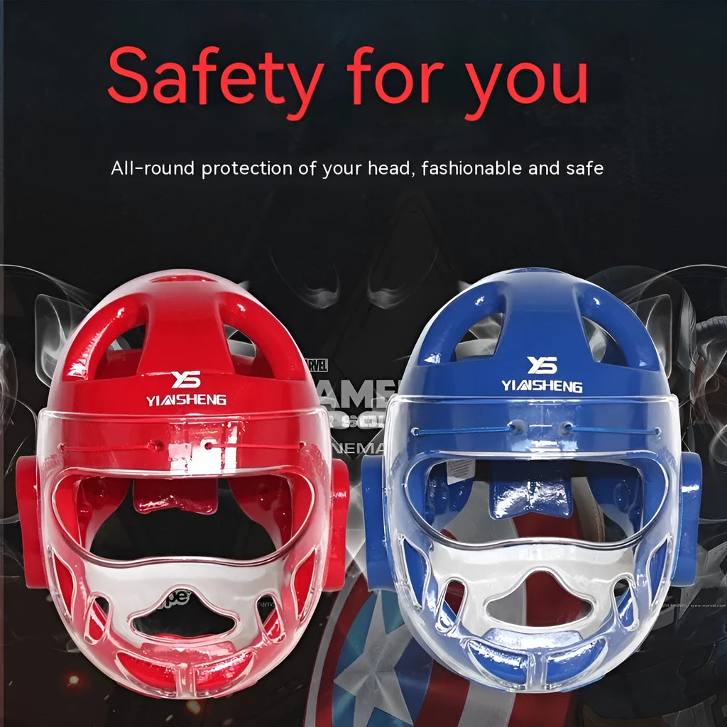 Karate helmet protective equipment for boxing in blue, red, or white colours available in sizes S, M, L, XL