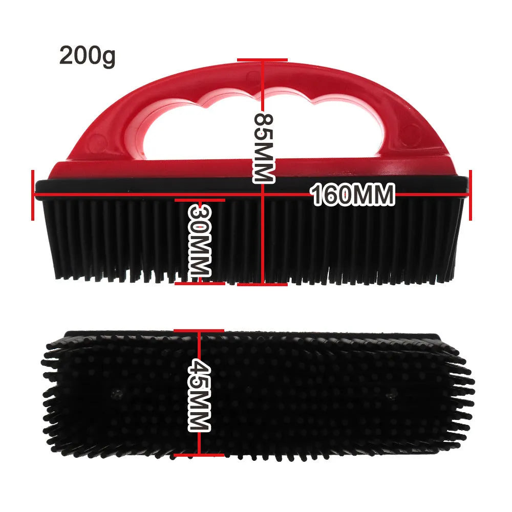 Red pet hair removal brush measuring 160mm by 85mm for bath massage and carpet cleaning