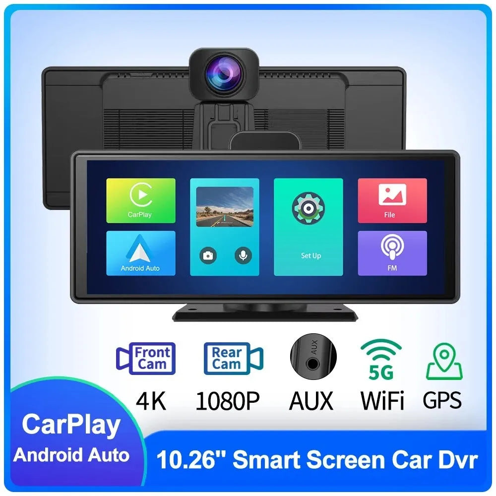 12-inch touch screen car dash cam unit with front and rear camera recording on display