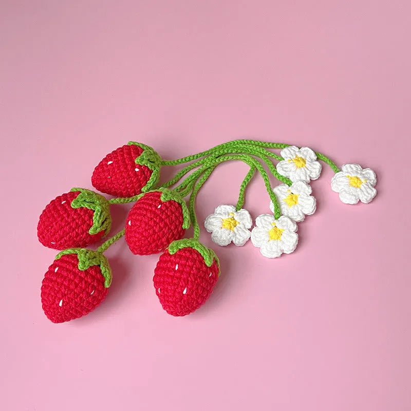 Wool crochet woven strawberry pendant necklace on 35cm cord