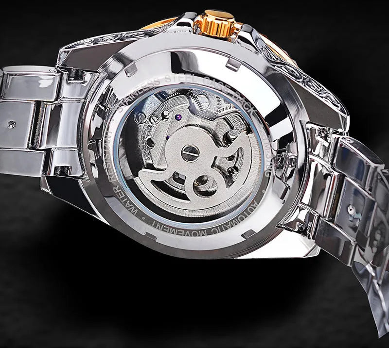Forsining yellow stainless steel skeleton tourbillon mechanical watch with automatic movement
