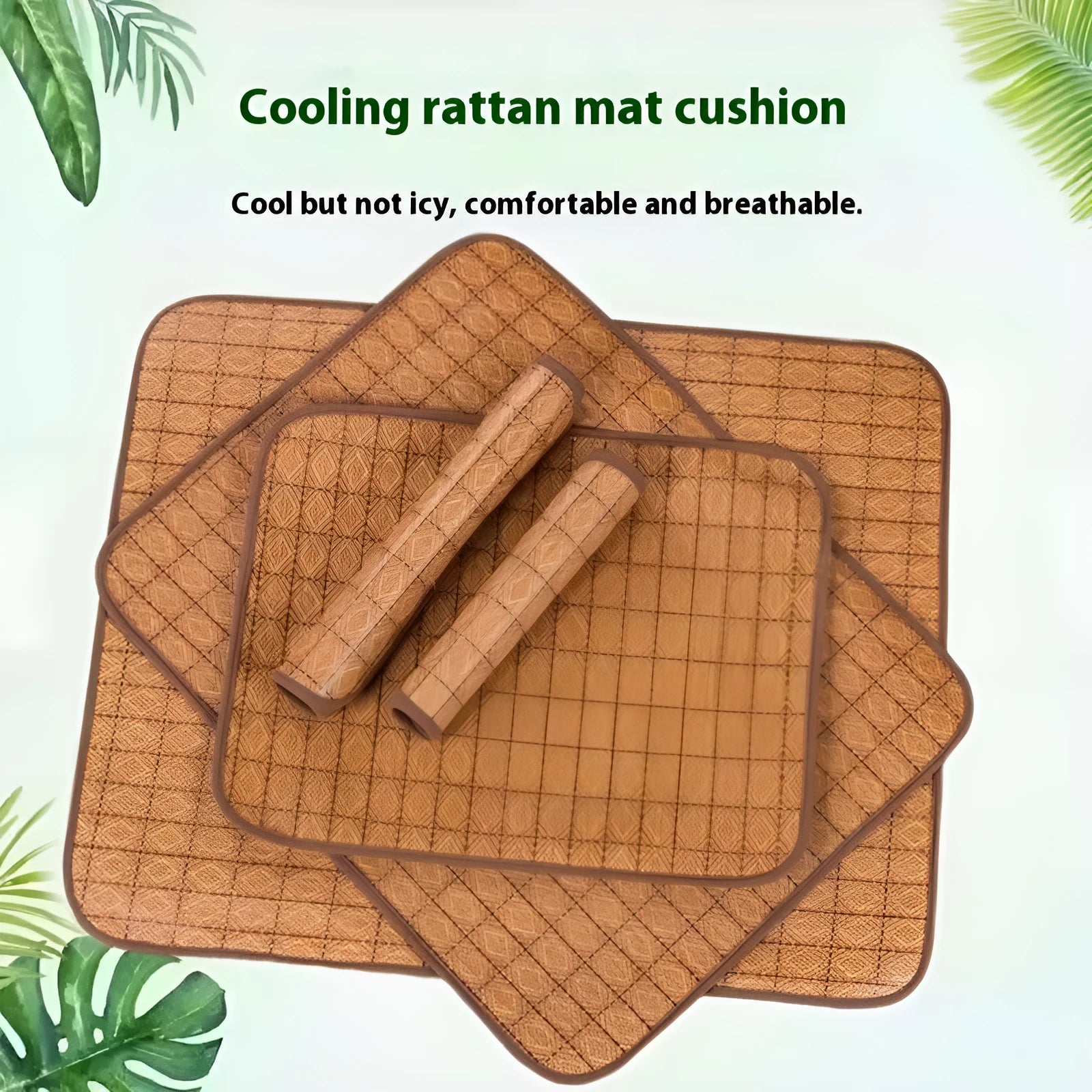 Brown rattan fibre dog cooling mat shown in size options from S to 3XL for canine temperature regulation