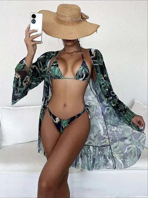 Tropical triangle bikini top with chest pad and matching kimono in green polyester