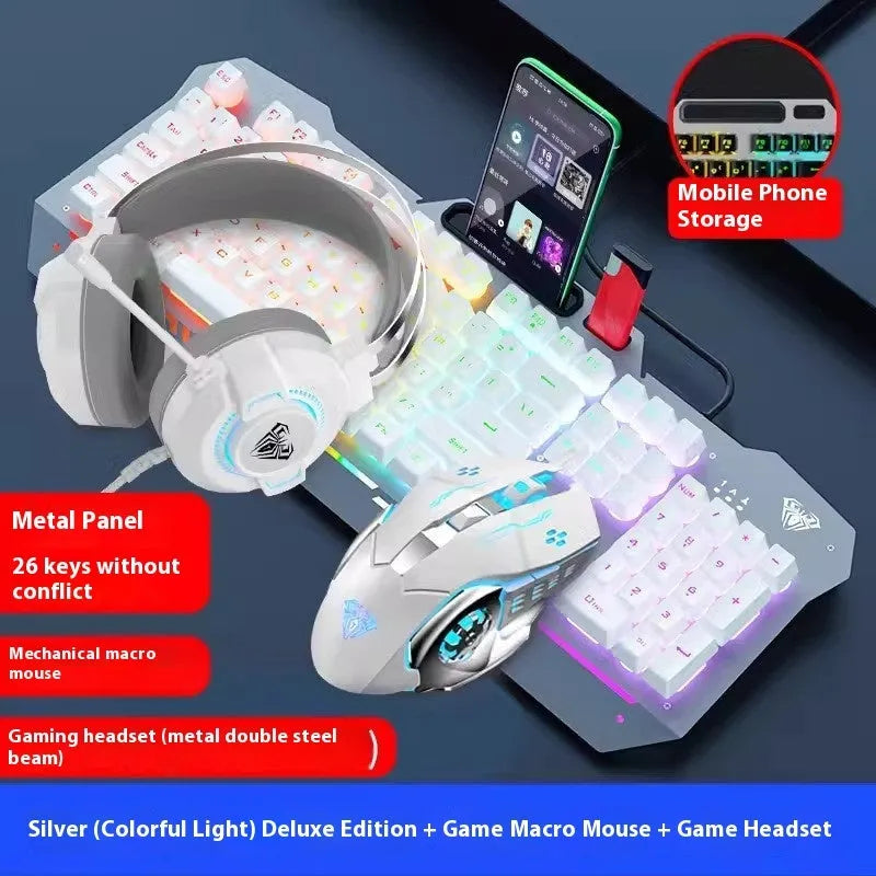 Black and white wired mechanical-feeling keyboard mouse headset bundles with RGB or blue backlighting