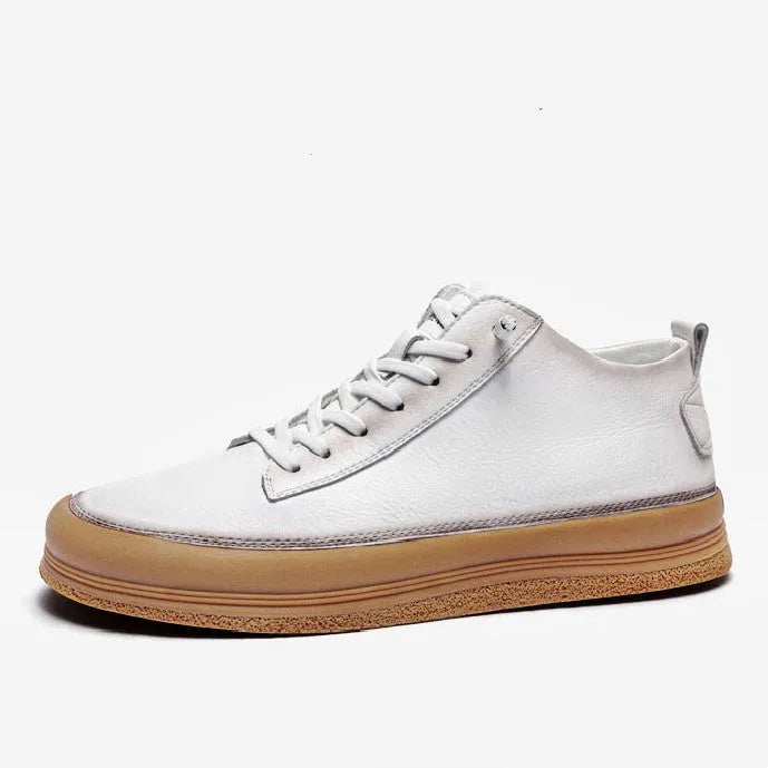 Men's black and white cowhide leather casual shoes with rubber soles and lace-up closure