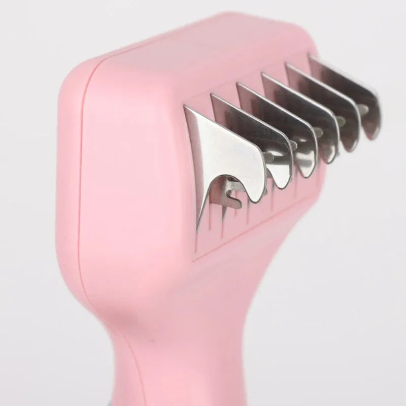 Pink stainless steel pet grooming comb with knot knife edge and four rows of massage pins