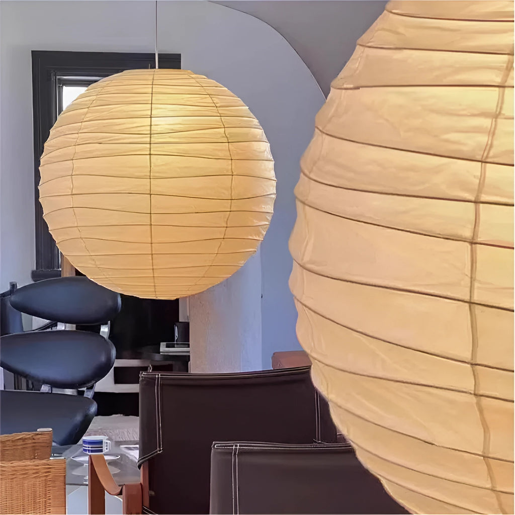 Japanese style rice paper chandelier ceiling light in a living room setting