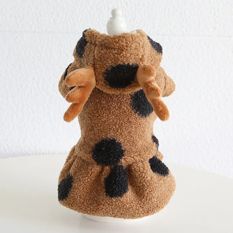 Dog or cat wearing a casual cloth garment with a large polka dot and elk couple print, shown in both four-legged and skirt styles.