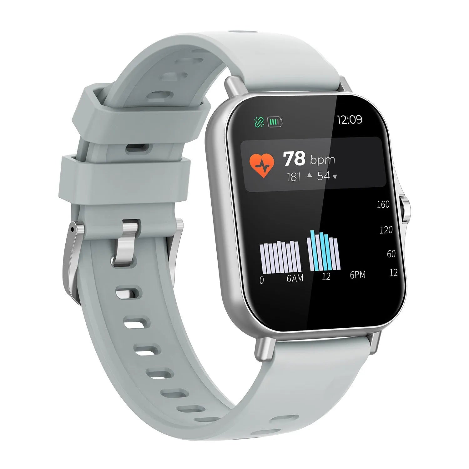 W10 smartwatch showing heart rate and blood pressure monitoring on 1.75 inch curved touch screen with wristband