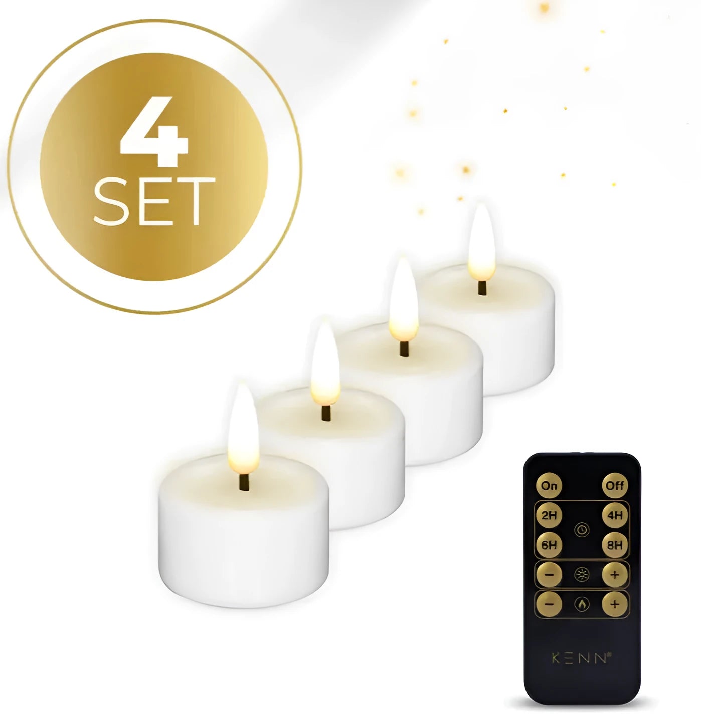 Four white LED tealight candles with flickering flame effect, shown on a table.