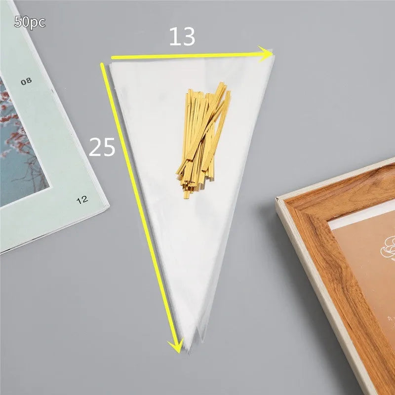 Transparent triangle plastic gift bags with built-in tie wire closures in three different sizes