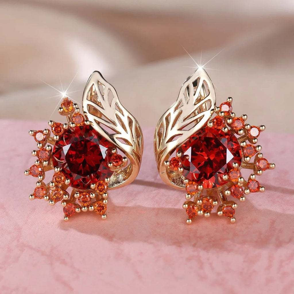 Round floral feather zircon earrings in rose gold with coloured diamond options