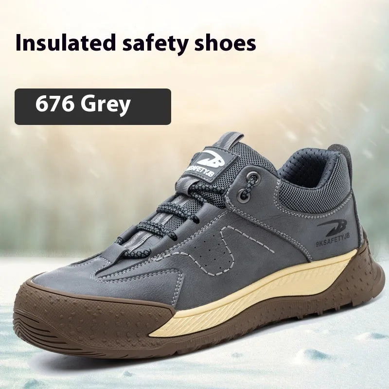 Flyknit safety work shoe with leather upper and rubber sole in black colour