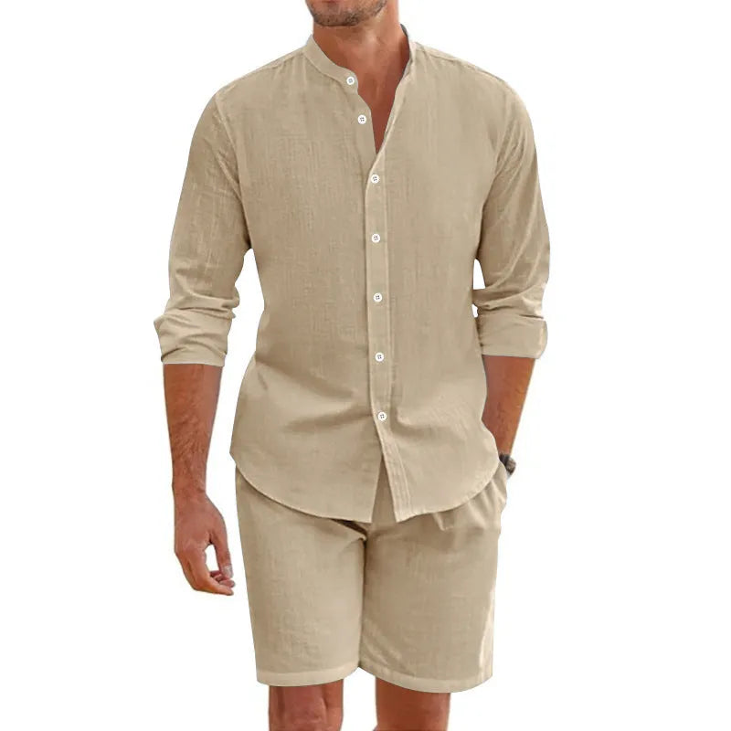 Men's summer short suit with lapel button-down shirt and drawstring shorts in hemp blend fabric