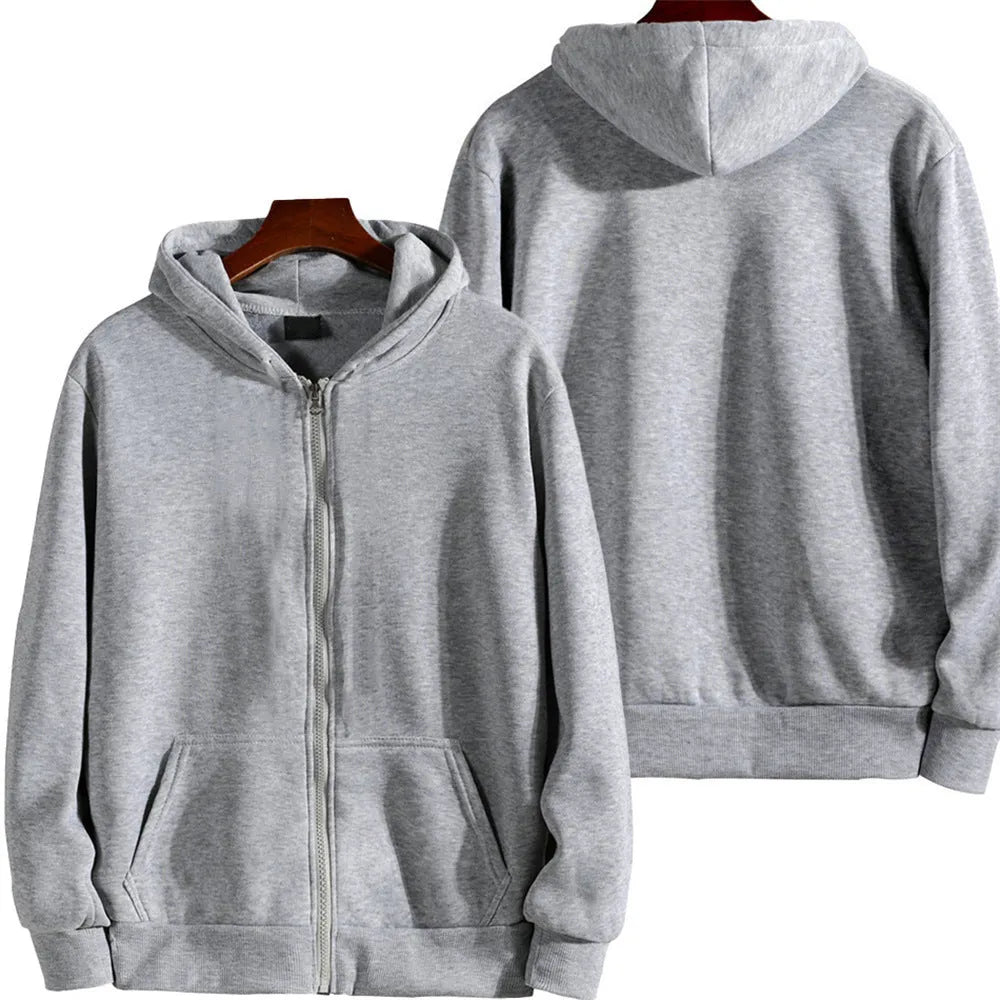 Men's solid colour loose fit zip-up sports jacket on a hanger.