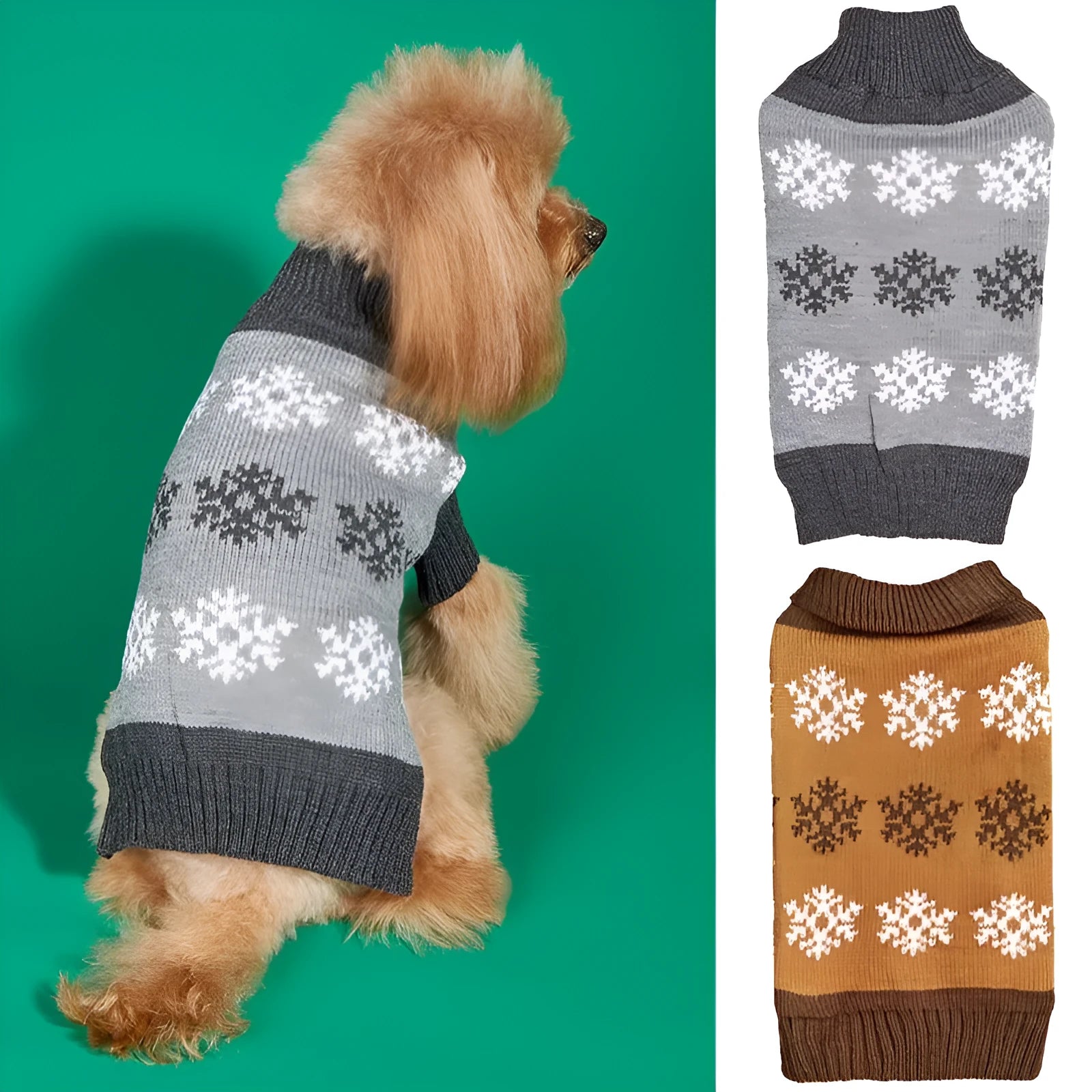 Grey and dark brown knitted acrylic dog Christmas sweater shown in various sizes from XXS to XL