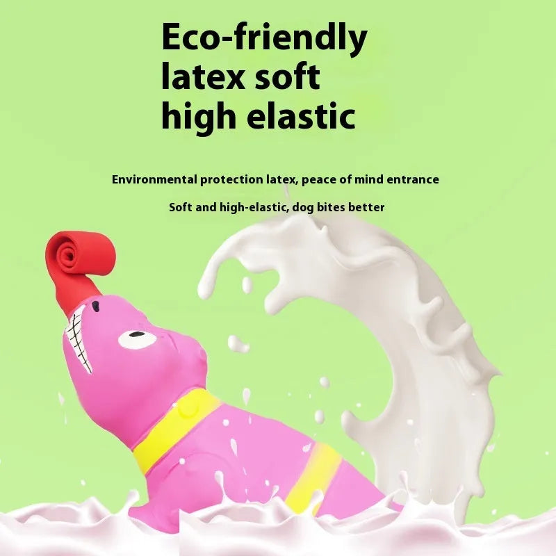 Latex tongue-sticking lizard sounding toy in crocodile colour on white background
