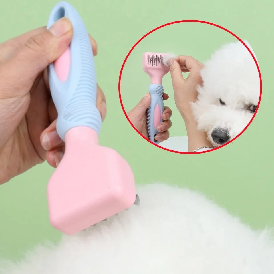 Pink stainless steel pet grooming comb with knot knife edge and four rows of massage pins