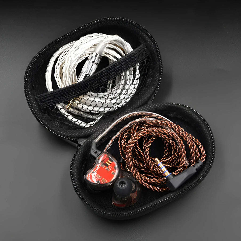 Black oval leather hard-shell case for EDX PRO and ZEX PRO earphones.