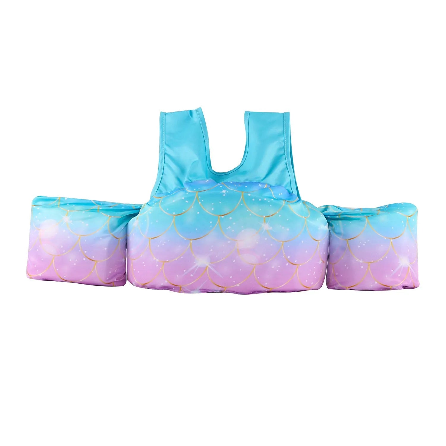 Colourful cartoon children's swimsuit with integrated arm swimming rings in a lobster design.