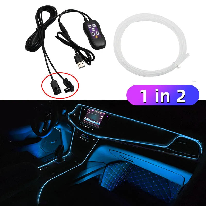 USB car LED atmosphere lamp with colourful colour-changing light strips for centre console and dashboard installation