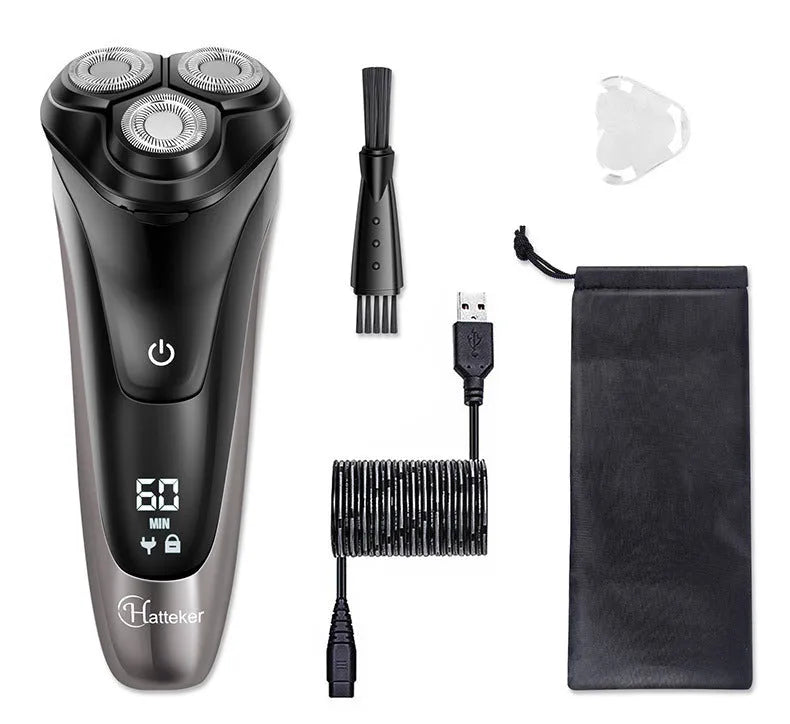 Men's electric shaver kit with three rotating cutter heads, USB charging cable, and pop-up sideburn trimmer