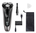 Men's electric shaver kit with three rotating cutter heads, USB charging cable, and pop-up sideburn trimmer