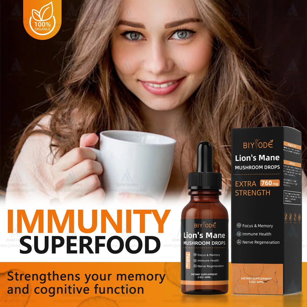 Bottle of organic Lions Mane mushroom extract liquid drops with dropper