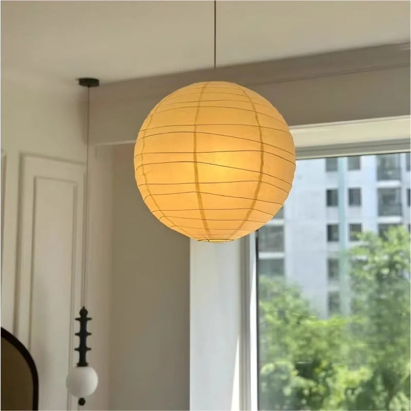 Japanese style rice paper chandelier ceiling light in a living room setting