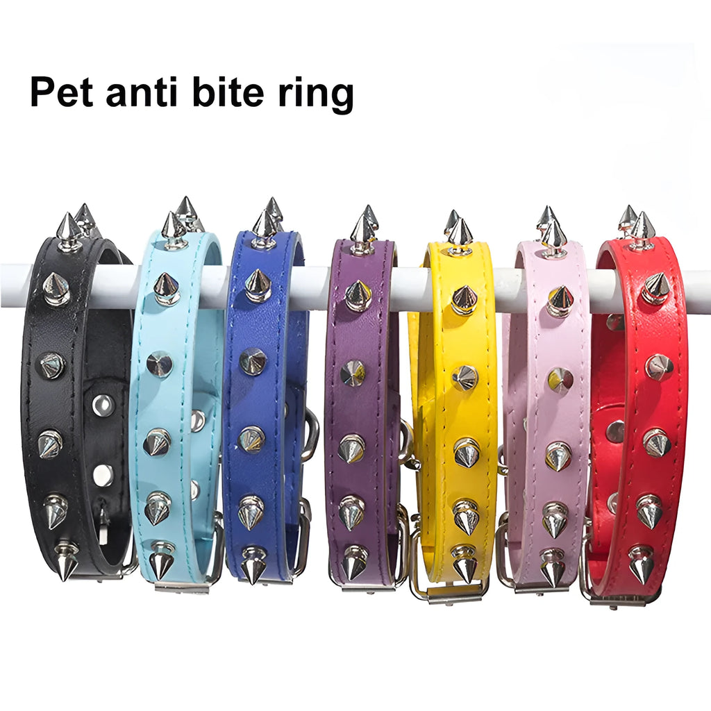A studded black PU leather dog collar with a row of silver metal spikes and an alloy buckle.