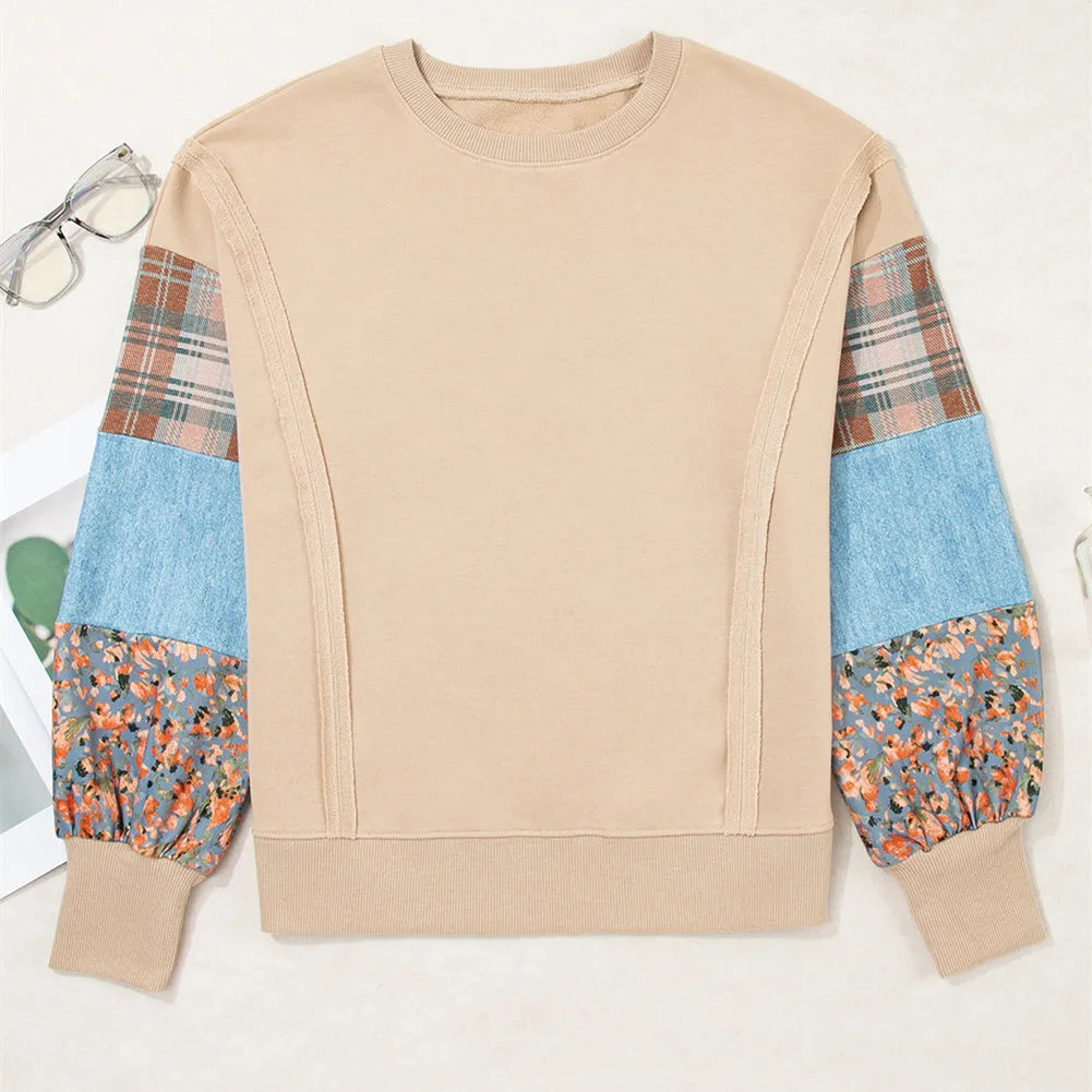 Women's loose plaid stitching long-sleeved top in beige, showcasing Japanese-Korean casual style.
