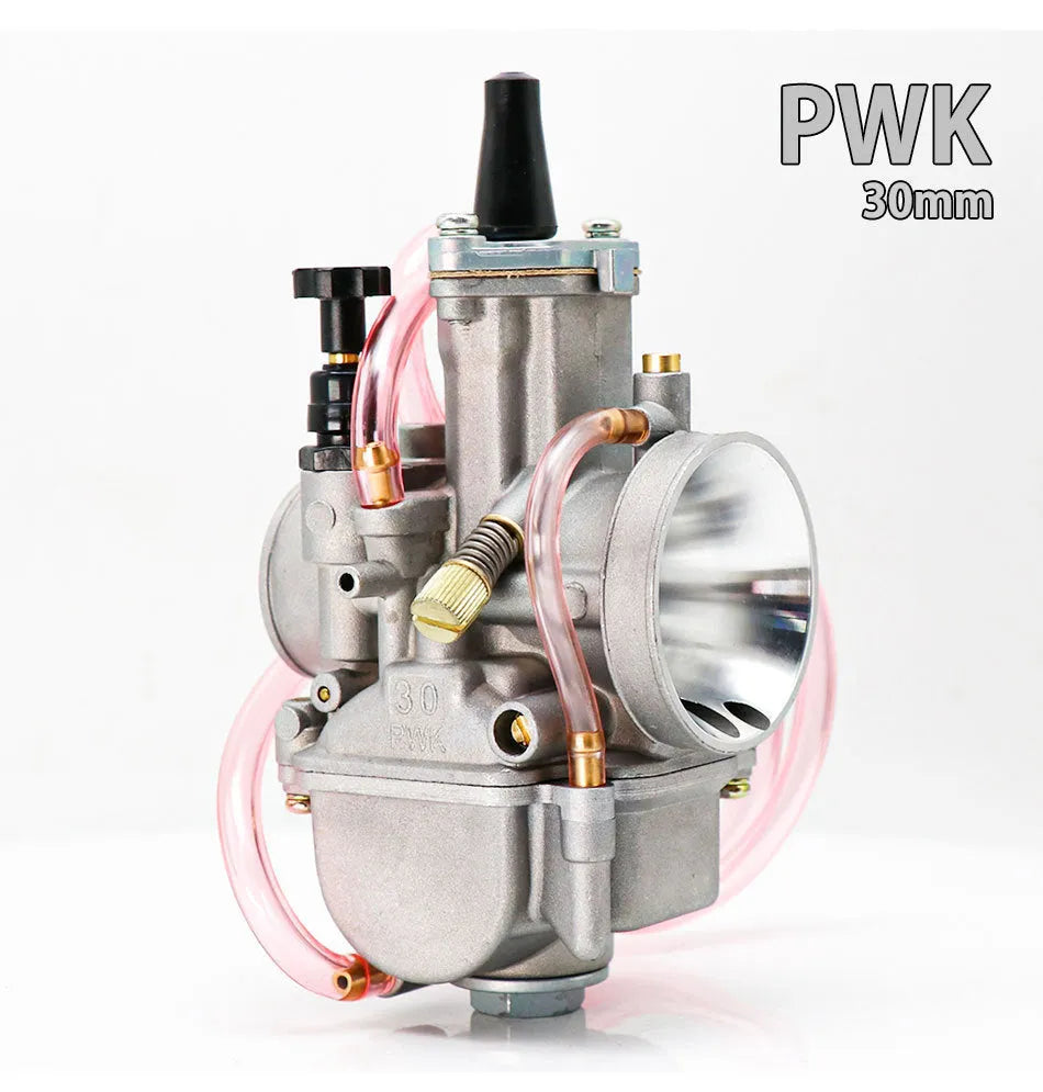 Sandblasted PWK motorcycle carburetor kit with sizes from 21mm to 34mm for engine modification.