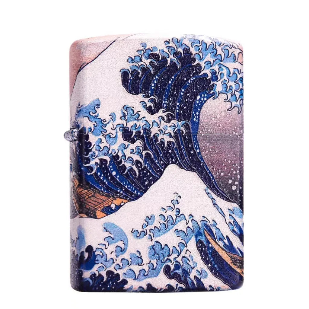 Colored lacquer Kanagawa surf windproof lighter with steel inner liner and copper housing, 58x39x13mm