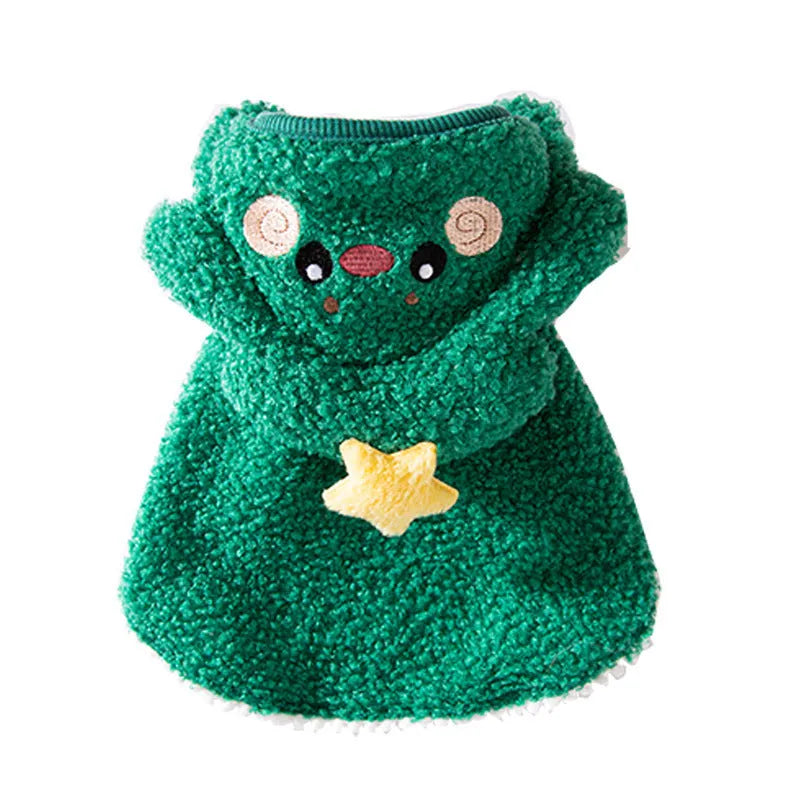 Brown cartoon elk pattern cat cloak modelled on a cat, showing the warm polyester construction.