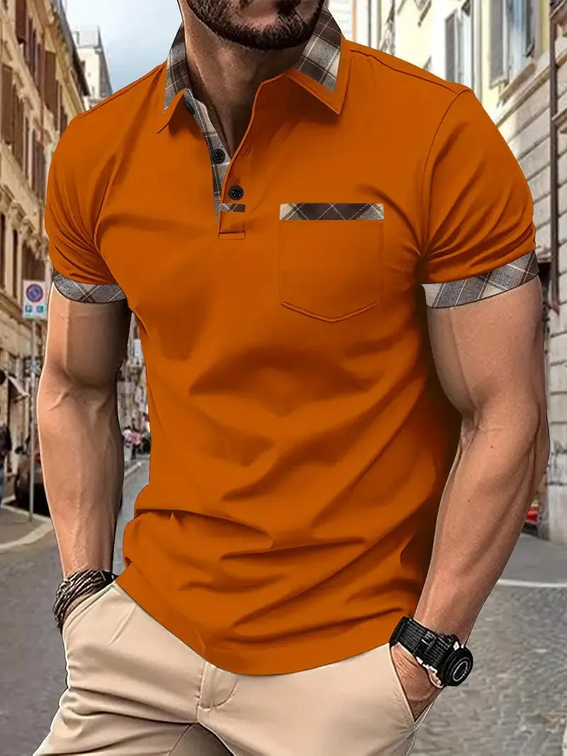 Men's plaid colourblock T-shirt with short sleeves and zipper decorations on front