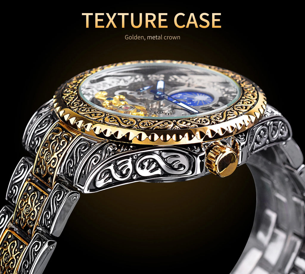 Forsining yellow stainless steel skeleton tourbillon mechanical watch with automatic movement
