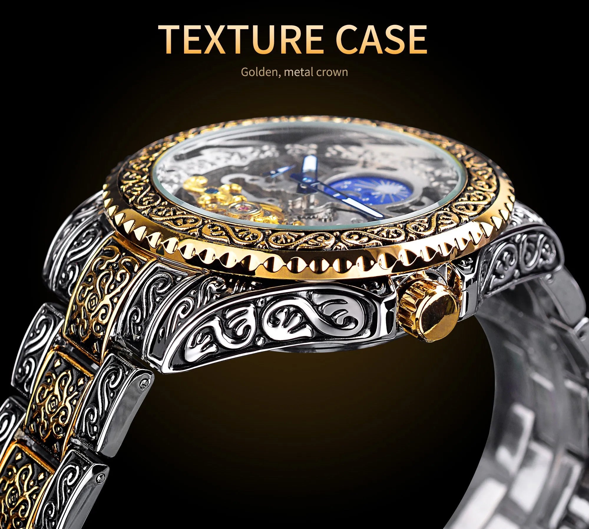 Forsining yellow stainless steel skeleton tourbillon mechanical watch with automatic movement