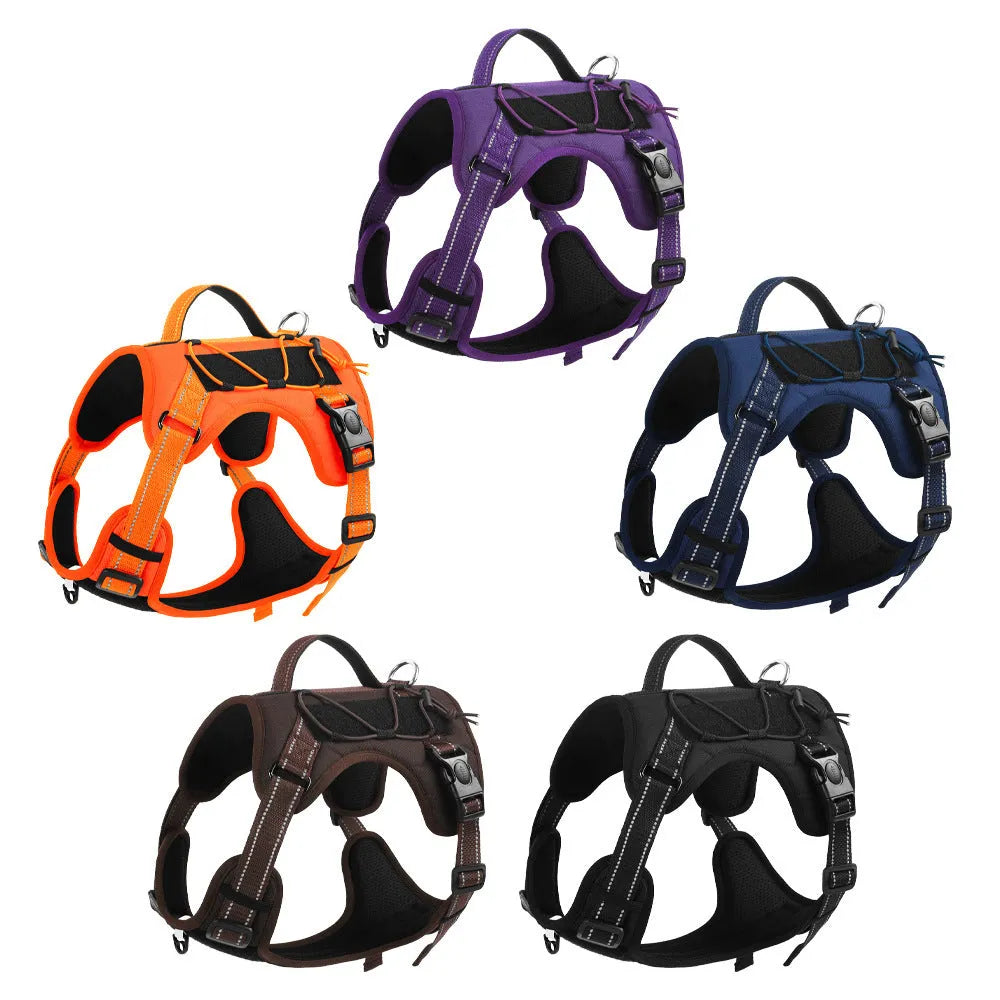 Reflective dog harness vest with integrated hand holding rope leash in multiple colour options
