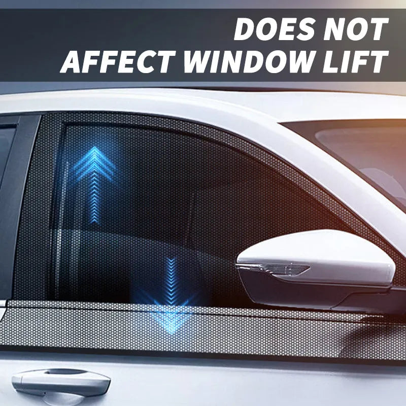 Set of grey non-woven fabric car side window sunshades with elastic edges on a car window.
