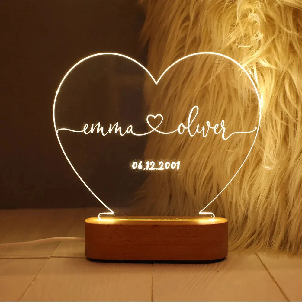 Custom transparent acrylic night light with names and dates, 20cm by 11.5cm modern art bedside lamp