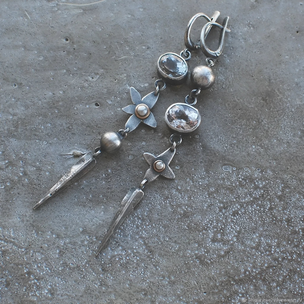 Hesheng geometric long drop earrings in antique silver with rhinestones on XINGX pendant