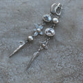 Hesheng geometric long drop earrings in antique silver with rhinestones on XINGX pendant