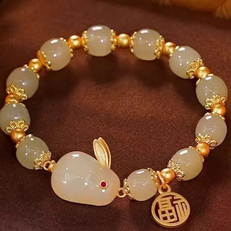 Green lucky jade bracelet with fu character charm and adjustable beaded design