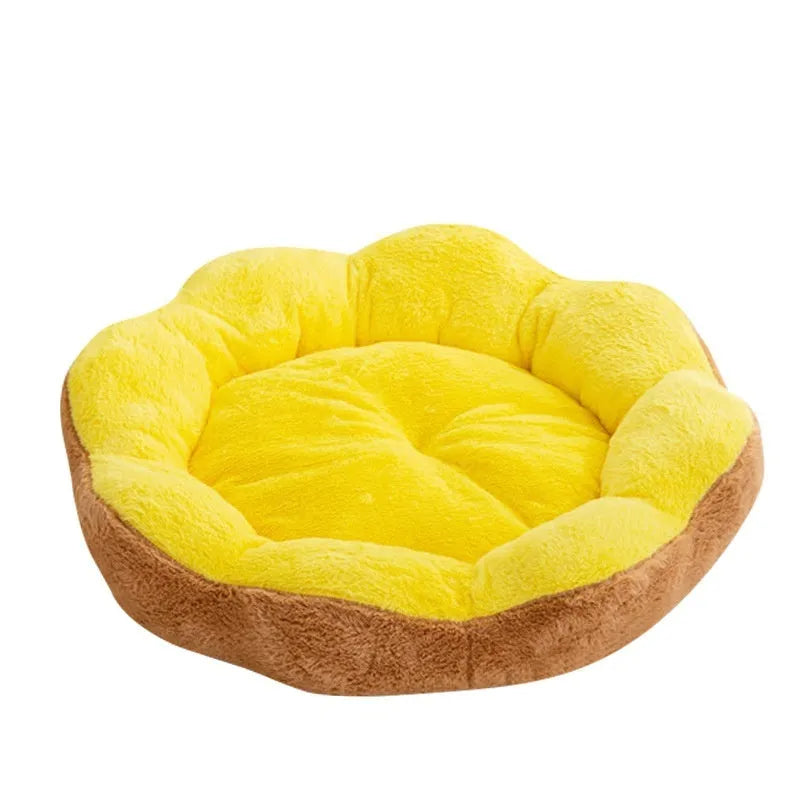 A thick brown grey rabbit plush round pet bed for cats, shown detached for washing.