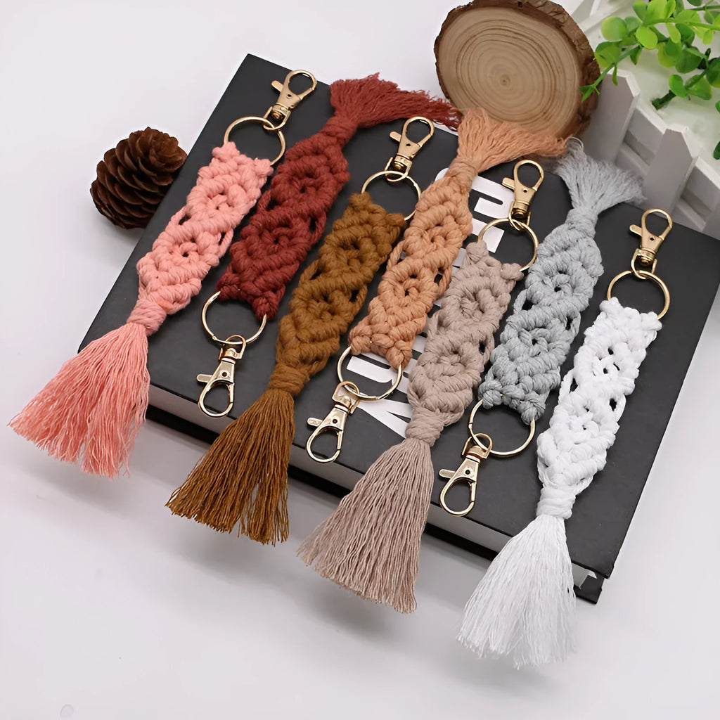 Hand-woven cotton tassel key chain in eight colours including brick red and rose pink for car keys and bag ornaments