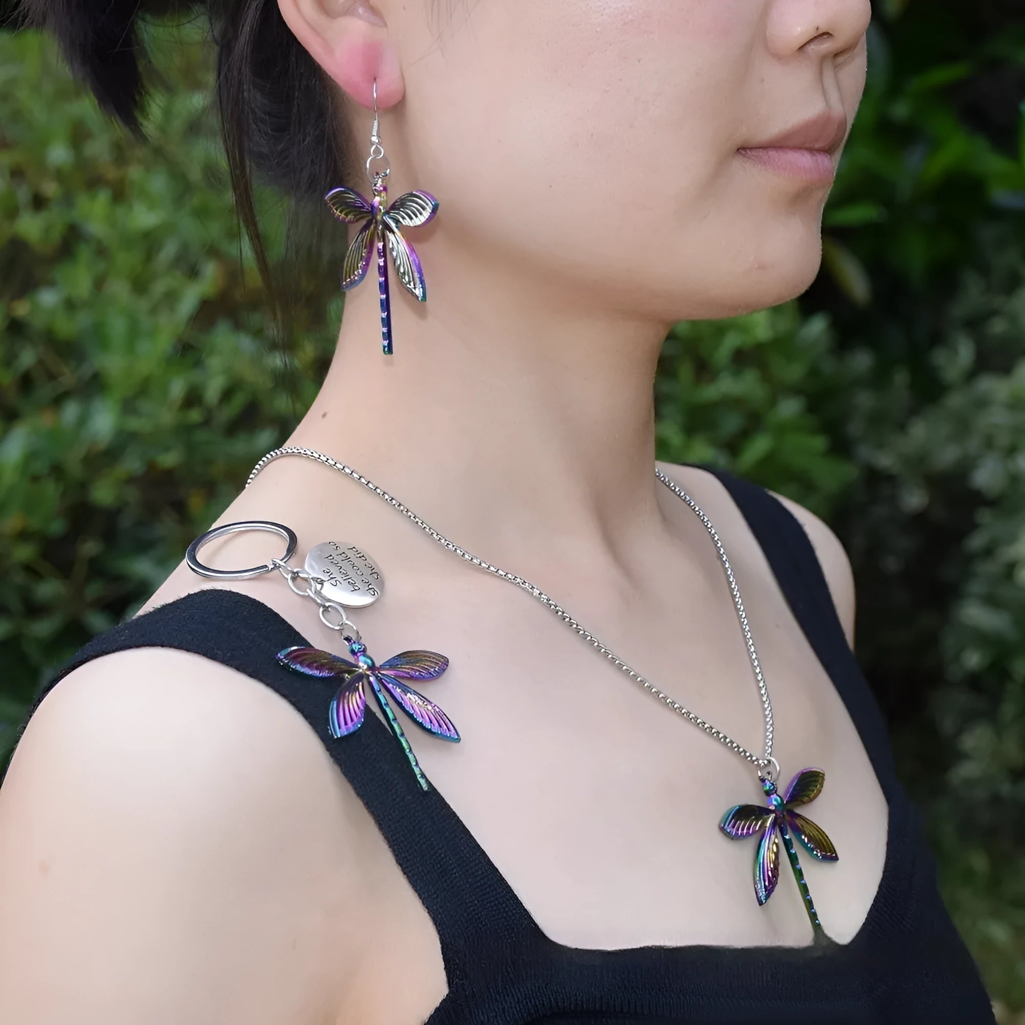 Rainbow-coloured alloy dragonfly keychain keyring with 60cm snake chain necklace and earrings set