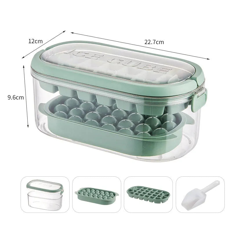 DIY Silicone Ice Grid portable ice box with 54 ice cubes in two layers, Fresh Green hard base model, modern simple design