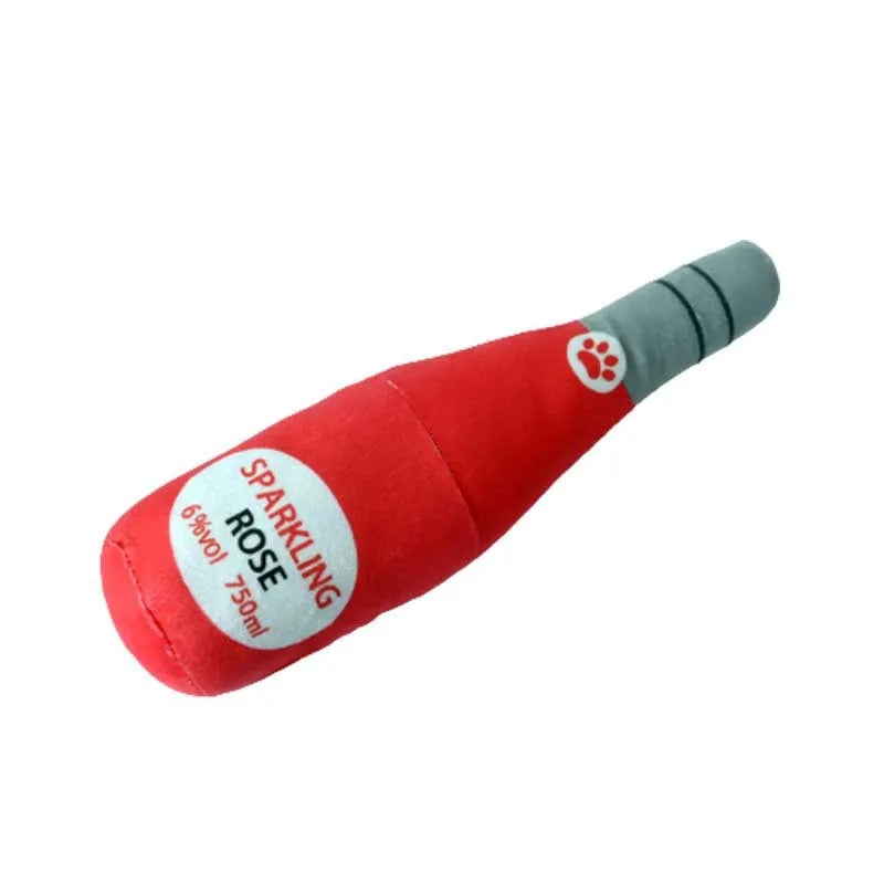 Green plush pet toy shaped like a wine bottle for dogs or cats to play with.